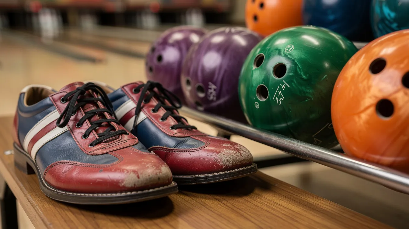 Na zdjęciu widać zbliżenie na kolorowe buty bowlingowe ustawione na półce obok różnorodnych kul do kręgli, co sugeruje możliwość wypożyczenia obuwia na kręgielni. To doskonały pomysł na prezent, na przykład voucher podarunkowy na wspólną zabawę z przyjaciółmi.