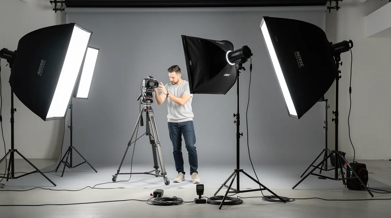 Na zdjęciu widoczny jest fotograf w profesjonalnym studiu, który przygotowuje sprzęt oświetleniowy do sesji portretowej. Atmosfera pracy jest pełna skupienia, a w tle znajdują się różnorodne akcesoria fotograficzne, które pomogą uchwycić piękne wspomnienia podczas sesji zdjęciowej.