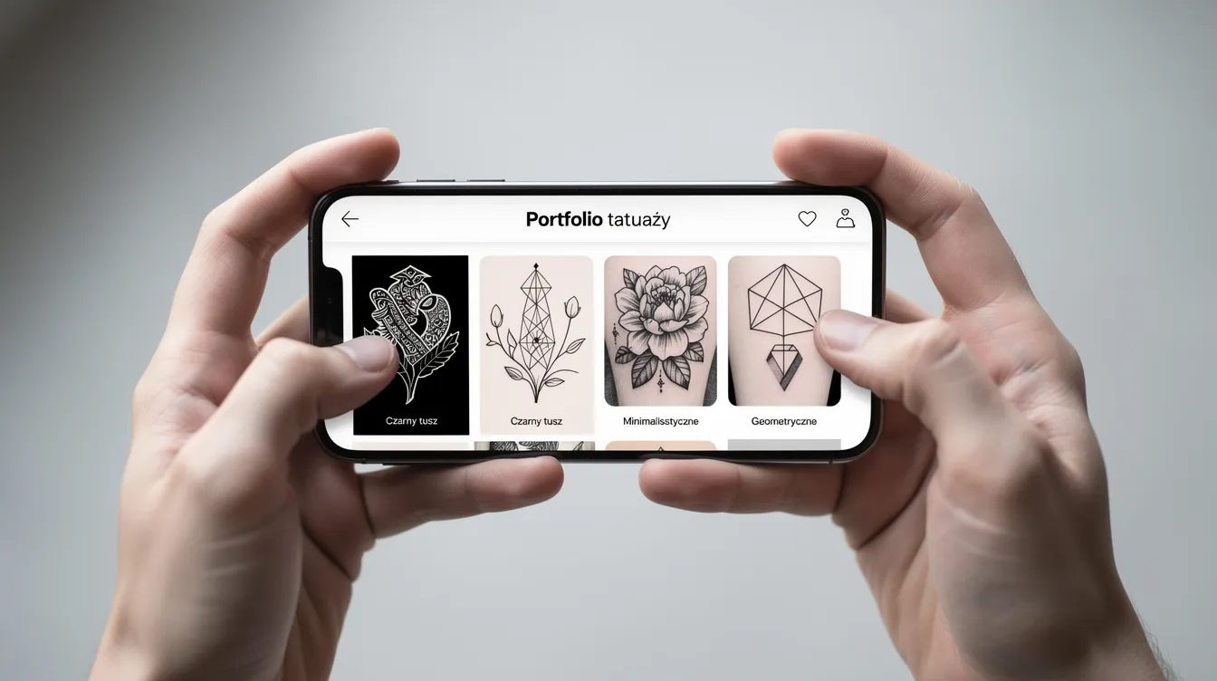 Na zdjęciu widać dłonie trzymające smartfon, na którego ekranie otwarta jest galeria portfolio tatuaży. Obrazy przedstawiają różnorodne wzory tatuaży, które mogą być idealnym prezentem, na przykład w postaci vouchera podarunkowego dla bliskiej osoby.