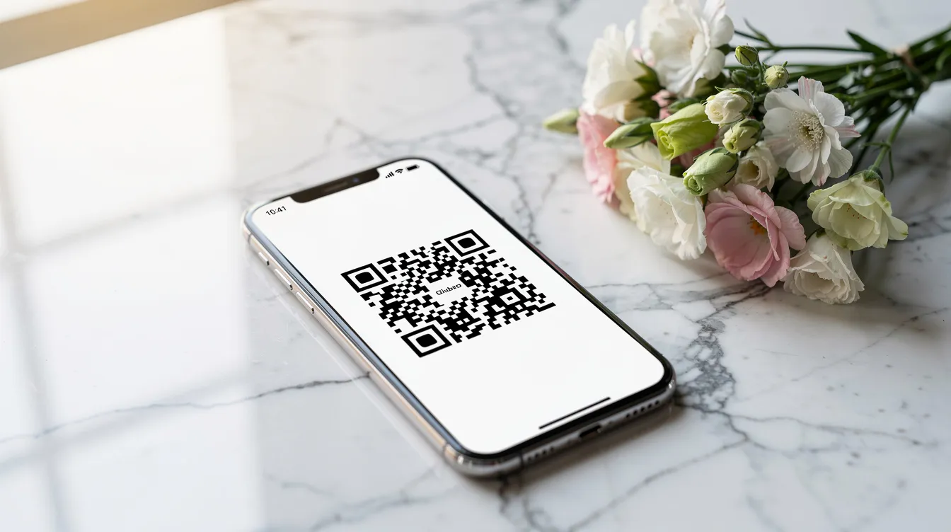 Na marmurowym blacie stoi smartfon, na którego ekranie wyświetla się kod QR, obok znajdują się świeże kwiaty. To doskonała okazja, aby podarować bliskiej osobie bon upominkowy na zabiegi kosmetyczne w salonie.