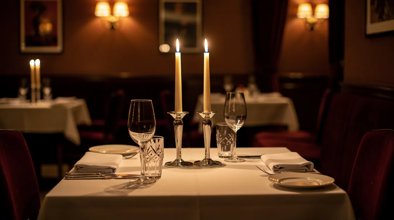 Na elegancko nakrytym stoliku dla dwojga w restauracji, przy przyciemnionym świetle, znajdują się świece, tworząc romantyczną atmosferę idealną na kolację. To wyjątkowe miejsce, gdzie można cieszyć się doskonałym jedzeniem i nowymi smakami, stanowi świetny pomysł na prezent w postaci vouchera do restauracji.