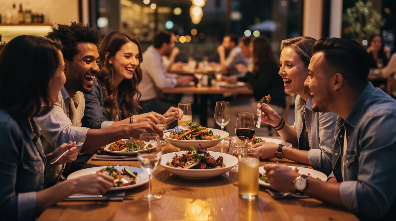 Na zdjęciu widoczna jest grupa przyjaciół siedzących przy wspólnym stole w restauracji, śmiejących się i dzielących się różnymi daniami. Atmosfera jest radosna, a ich twarze wyrażają prawdziwe emocje i przyjemność z dobrego jedzenia w wyjątkowym miejscu.
