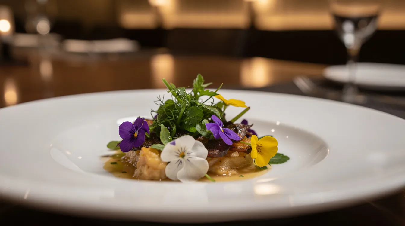 Zbliżenie na elegancko podane danie w restauracji fine dining, ozdobione świeżymi ziołami i jadalnymi kwiatami, które zachwyca kolorami i estetyką. Tego rodzaju posiłek to doskonała okazja, aby doświadczyć wyjątkowych smaków w romantycznej kolacji z bliskimi.