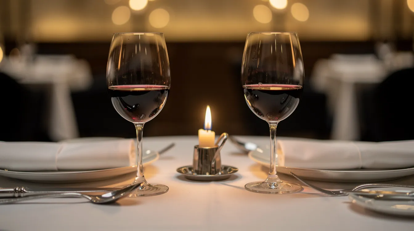 Na elegancko nakrytym stoliku w restauracji znajdują się dwa kieliszki wina oraz świeca, co tworzy romantyczną atmosferę idealną na kolację dla dwojga. To doskonały sposób na spędzenie wyjątkowego wieczoru z ukochaną osobą, ciesząc się wykwintnymi daniami.