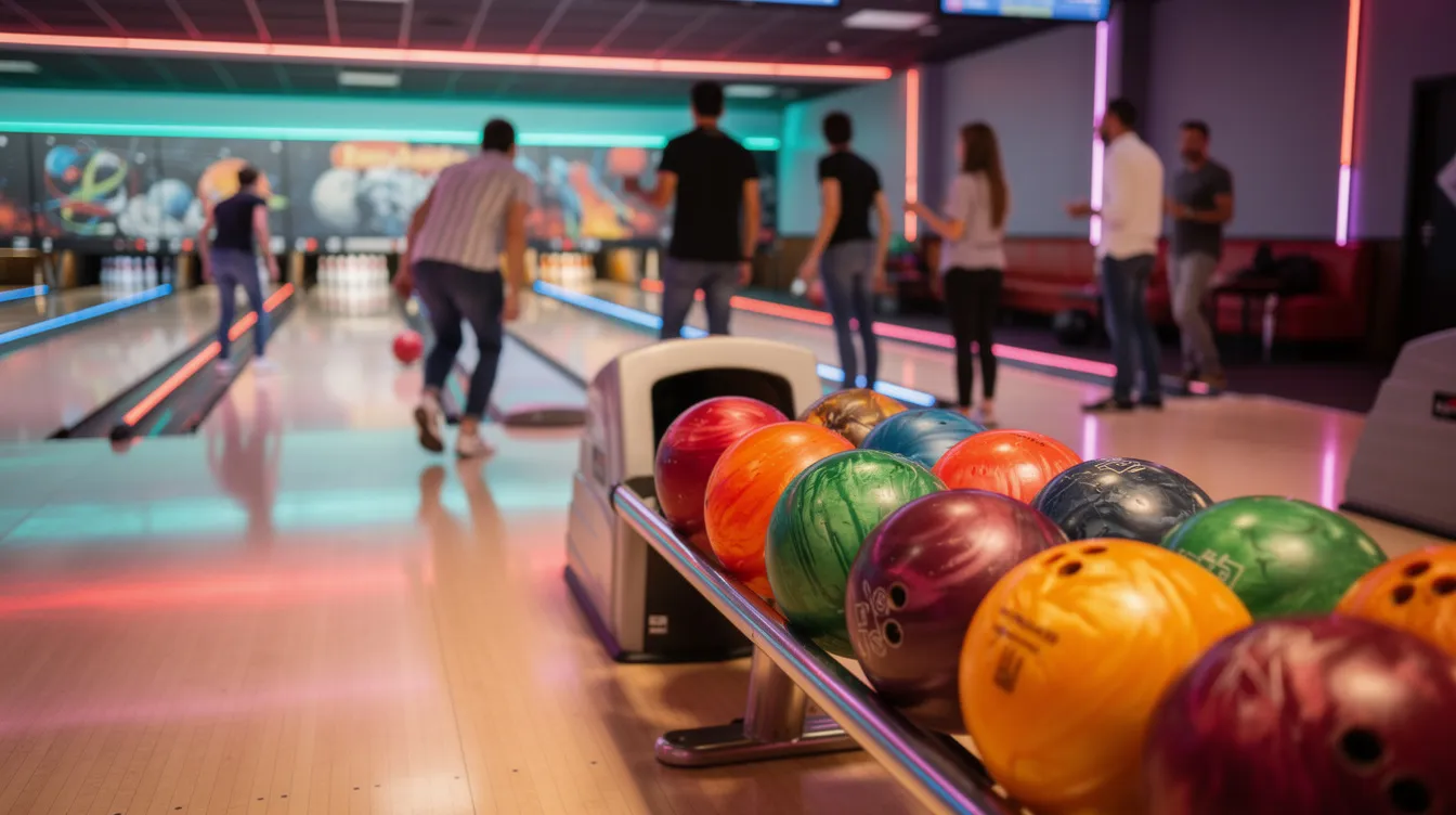 Na obrazku widać kolorową kręgielnię z podświetlanymi torami, gdzie kule bowlingowe są ustawione na stojakach. W tle grupa ludzi gra w kręgle, ciesząc się zabawą i rywalizacją, co sprawia, że to doskonały pomysł na spędzenie czasu z przyjaciółmi, na przykład na urodziny.
