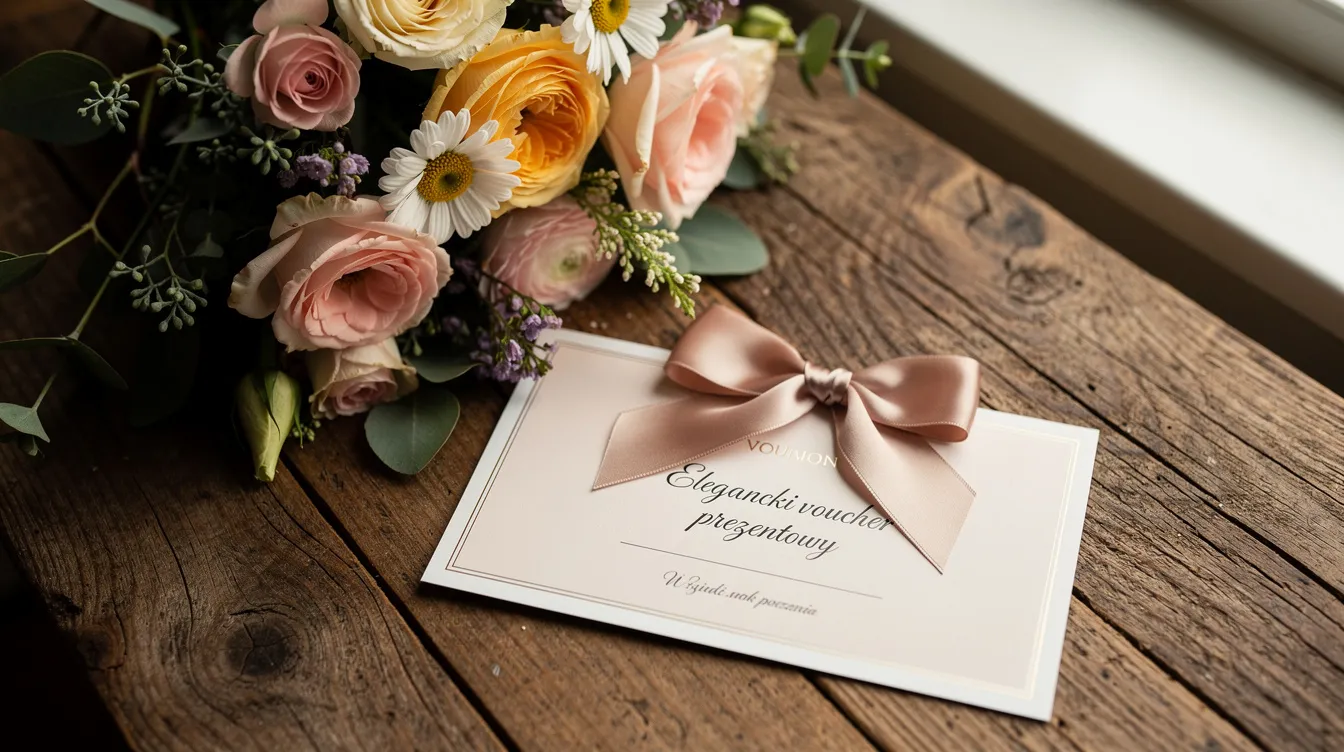 Na drewnianym stole leży elegancki voucher prezentowy z kokardą, obok którego znajduje się bukiet kolorowych kwiatów, tworząc wyjątkową atmosferę idealną na urodziny lub rocznicę ślubu. Taki voucher na sesję zdjęciową to doskonały sposób na podarowanie pięknych wspomnień obdarowanej osobie.