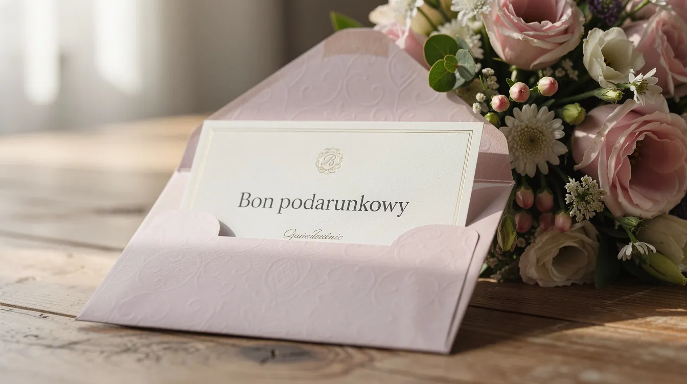 Na drewnianym stole leży elegancki bon podarunkowy w ozdobnej kopercie, obok którego znajduje się bukiet kolorowych kwiatów, tworząc idealny prezent na różne okazje, takie jak urodziny czy walentynki. Voucher podarunkowy może być wykorzystany na usługi tatuażu lub piercingu w wybranym studio.