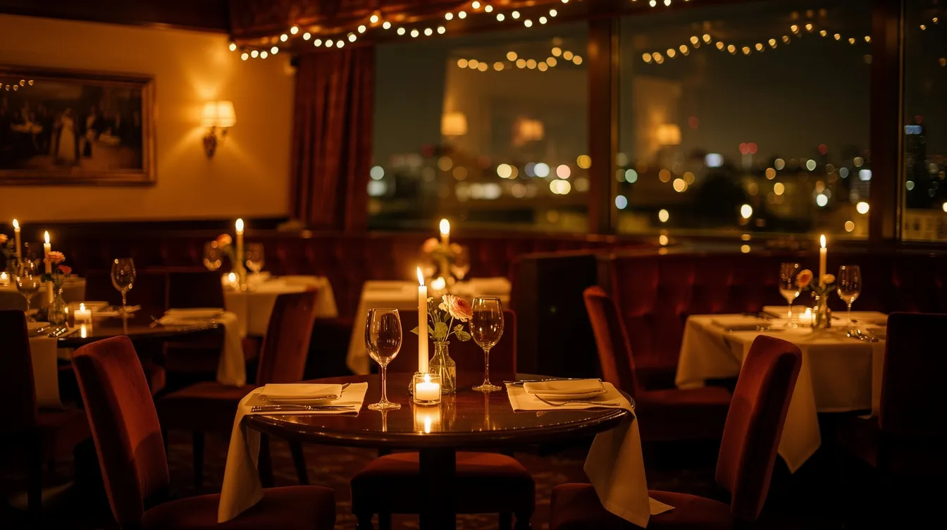 Wnętrze eleganckiej restauracji oświetlonej blaskiem świec, z romantyczną atmosferą sprzyjającą wykwintnej kolacji dla dwojga. Stolik przygotowany na specjalną okazję, z nastrojowym oświetleniem i subtelną muzyką w tle.